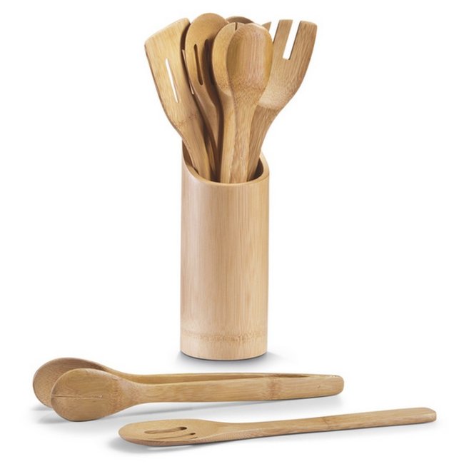 Ustensiles de cuisine bois bambou set de 7 bois clair <span itemprop=