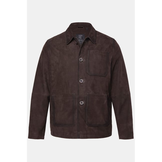 Veste en cuir de chèvre suédé. col chemise marron foncé <span itemprop=