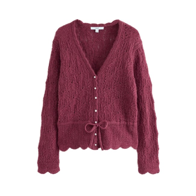 Cardigan en maille pointelle à nouer rose foncé <span itemprop=