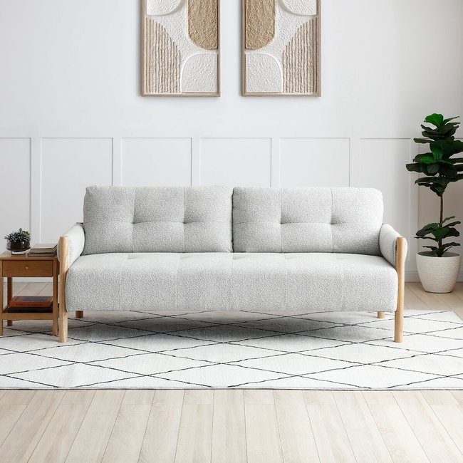 Quincy Boucle Tufted Click Clack Sofabed with Wood Frame, natural, SO'HOME