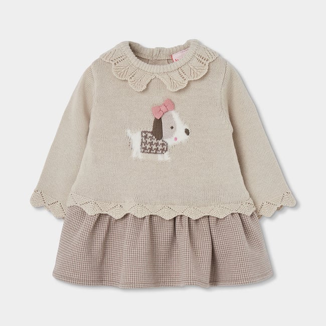 Robe bébé avec broderie de petit chien beige <span itemprop=