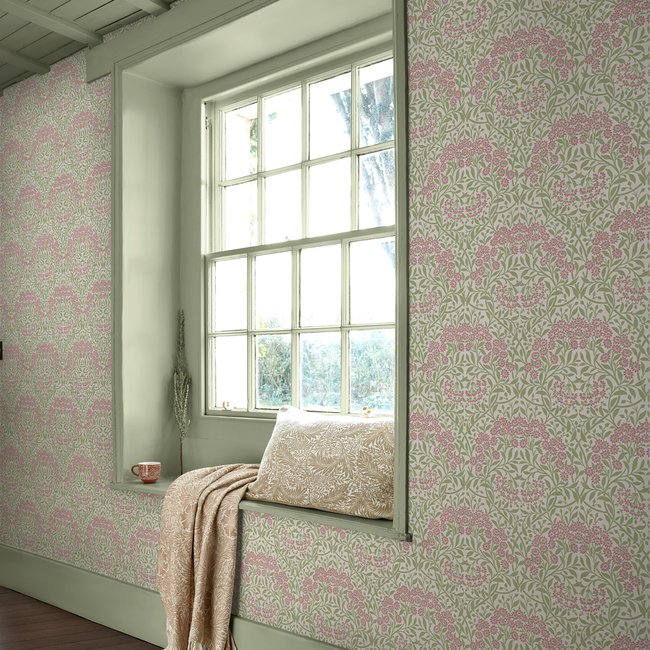 Papier peint fleuri Michaelmas Daisy Pink Cedar Couleur vert, rose <span itemprop=