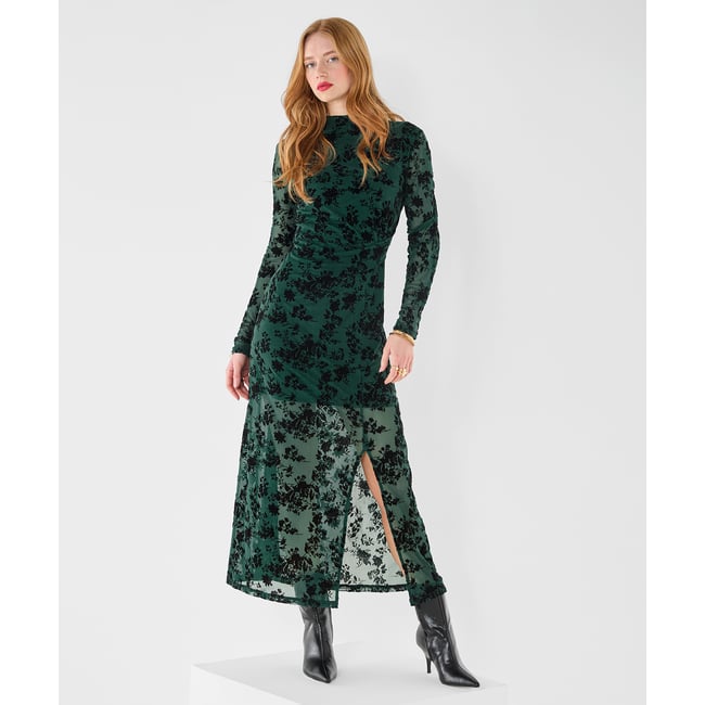 Robe Longue Floquée à Drapé Devant Hazel vert <span itemprop=