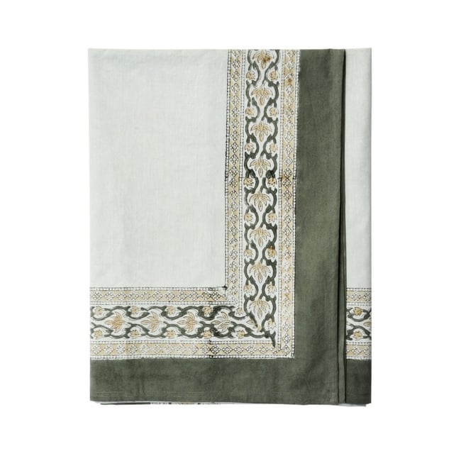 Nappe coton imprimé block print vert <span itemprop=