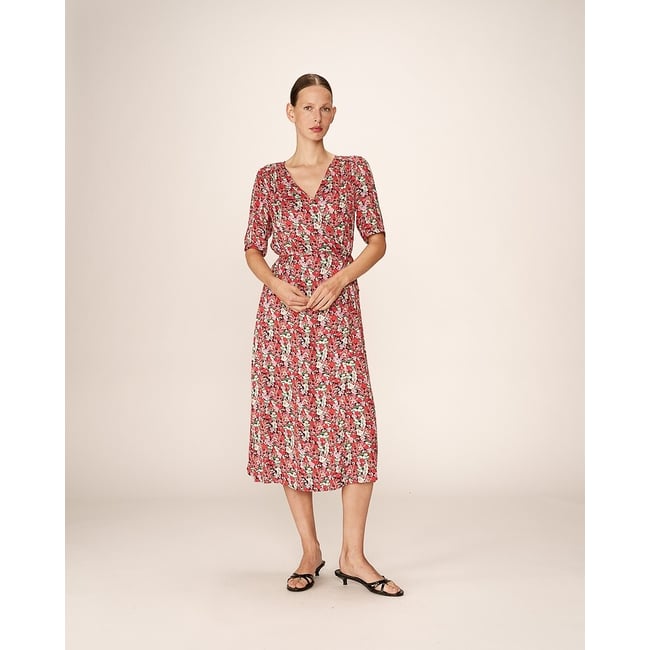 Robe longue portefeuille, imprimé floral, PERLINE  imprimé rouge <span itemprop=
