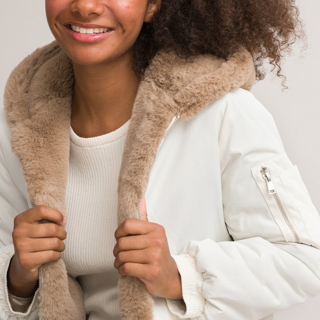 Reversible fuzzy faux fur hooded coat hotsell