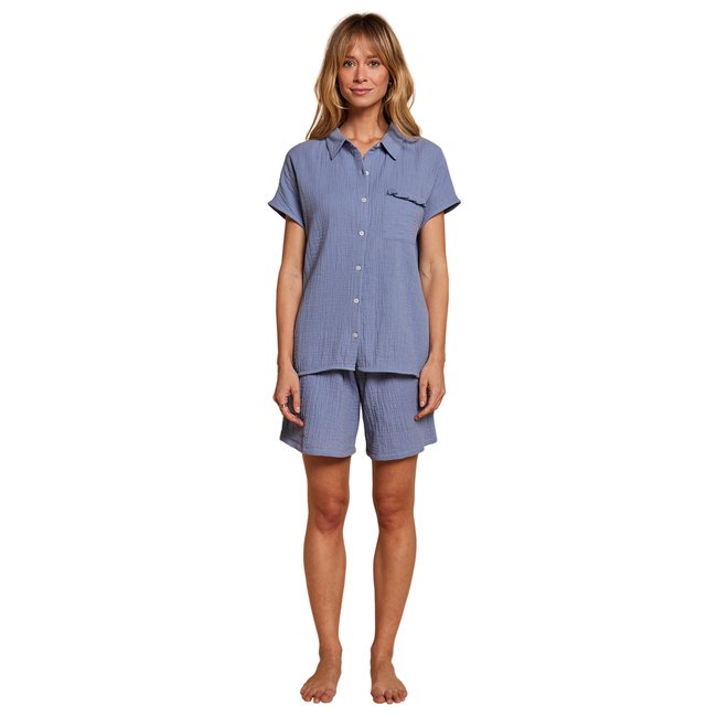 Pyjama short grossesse allaitement bleu chambray <span itemprop=