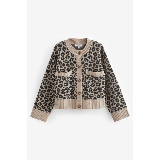 Cardigan en maille douce à boutons avec poche neutre marron animal léopard <span itemprop=