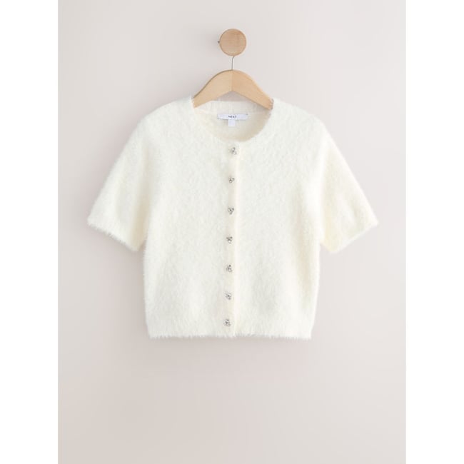 Cardigan manches courtes à boutons bijoux écru <span itemprop=
