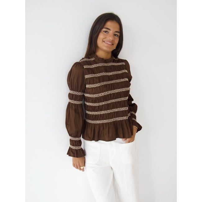 Blouse smockée manches bouffantes ELOISE marron <span itemprop=