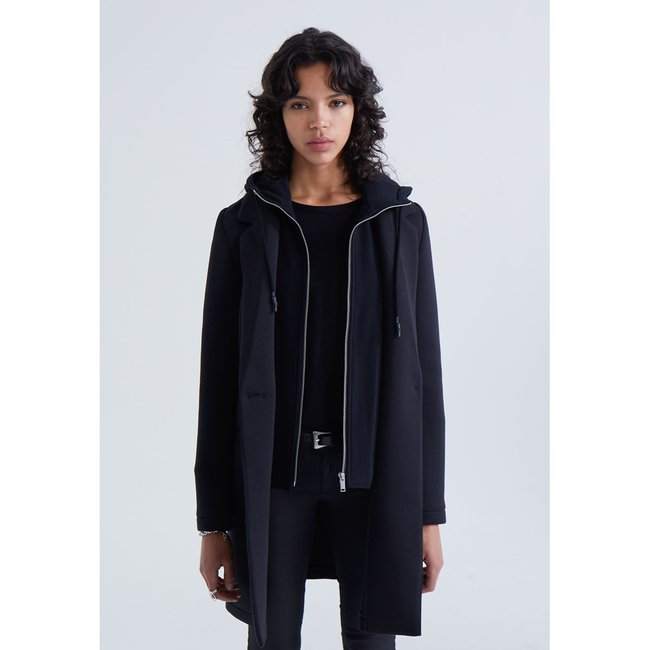 Manteau mi-long en néoprène capuche amovible noir <span itemprop=