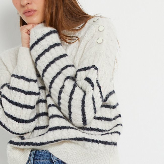 Pull marinière à torsades, mélange alpaga rayé ivoire/marine <span itemprop=