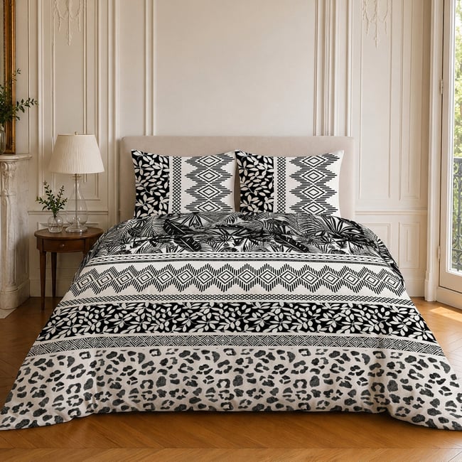 Parure de lit en microfibre motif géométrique, LAVANE blanc / noir <span itemprop=