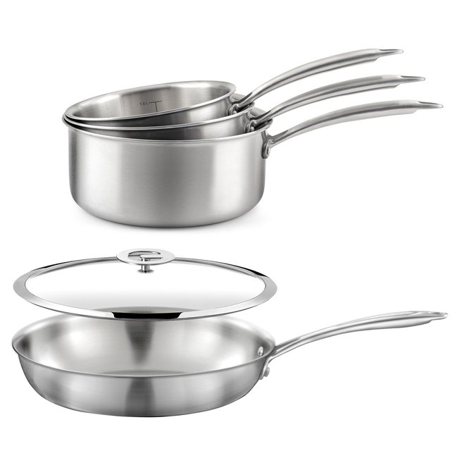 Lot de 3 casseroles inox 16/18/20cm, 1 poêle inox 24cm, 1 couvercle 24cm - inox <span itemprop=