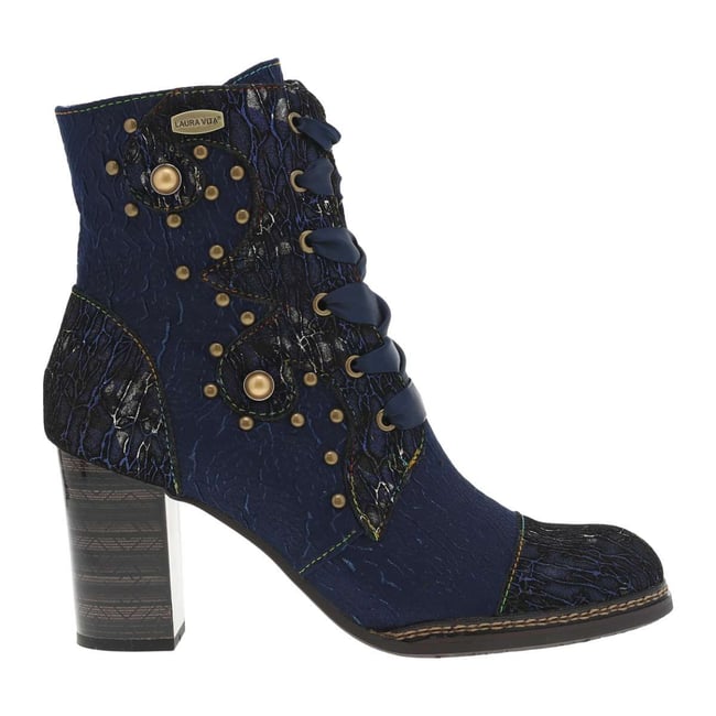 Bottines bleues à talon bloc et à lacets rubans et zip avec clous et perles - LAURA VITA