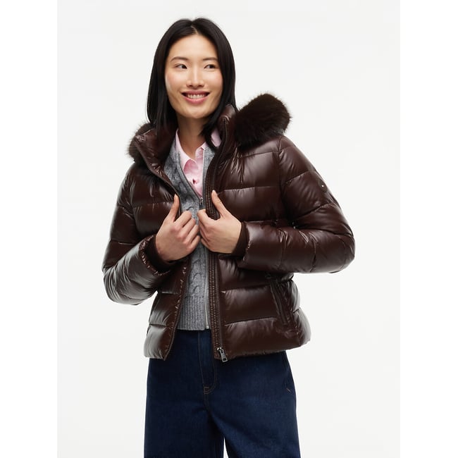 Doudoune courte à capuche et col duveteux chocolat <span itemprop=