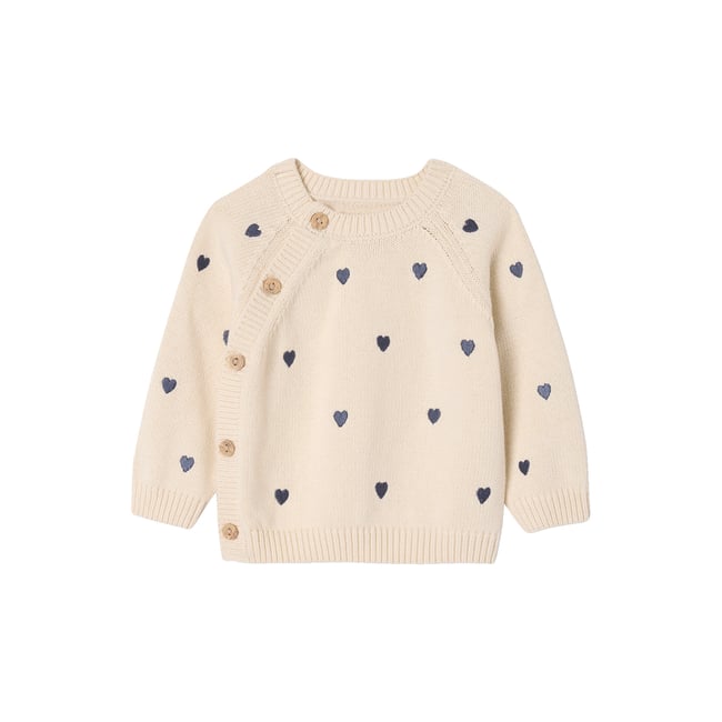 Pull naissance avec petits coeurs brodés écru <span itemprop=