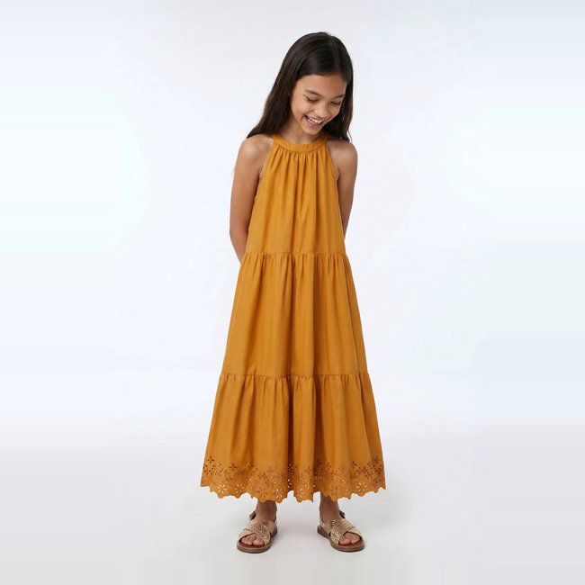 Robe longue sans manches avec broderies copeau <span itemprop=