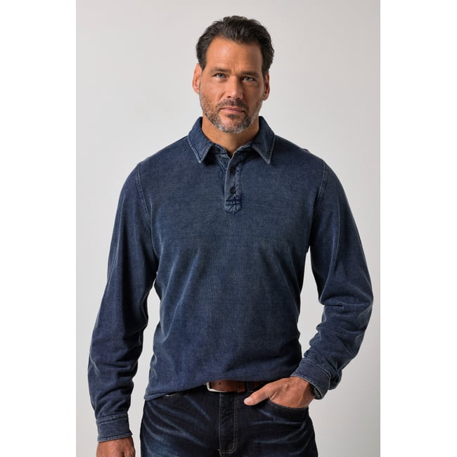 Polo à manches longues, piqué jean bleu foncé <span itemprop=