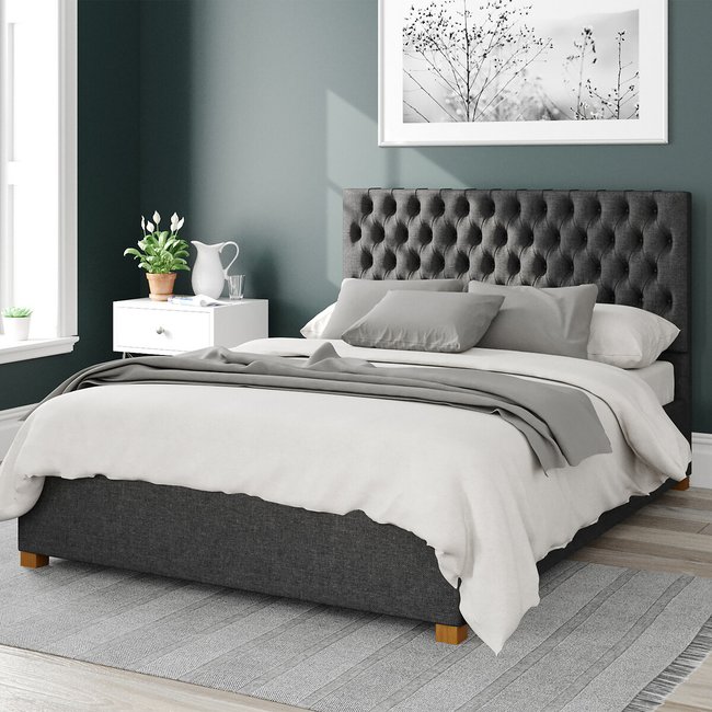 Monroe Herringbone Twill Storage Ottoman Bed with Chesterfield Upholstered Headboard - ASPIRE