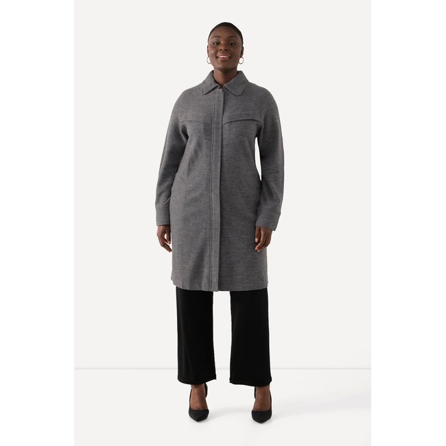 Manteau en laine bouillie avec col chemise gris clair chiné <span itemprop=