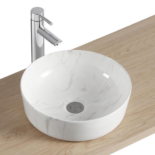 Vasque à poser ronde en céramique effet marbre blanc 37cm DIANE Couleur blanc <span itemprop=