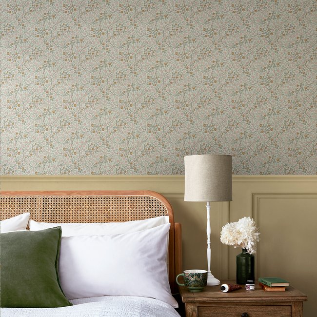Papier peint fleuri Clover Spring Peony & Sage Couleur vert, ocre, rose <span itemprop=