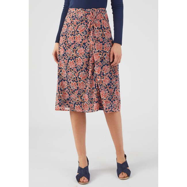 Jupe voile taille effet drapé bleu marine fleuri <span itemprop=