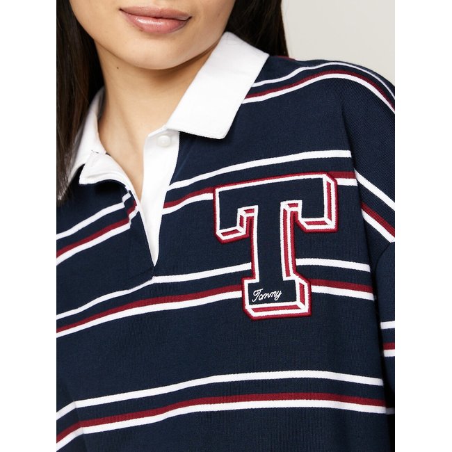 Striped Cotton Polo Shirt with Long Sleeves, navy/bordeaux/white, TOMMY JEANS