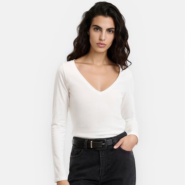 T-shirt en coton, col V, manches longues - LA REDOUTE COLLECTIONS