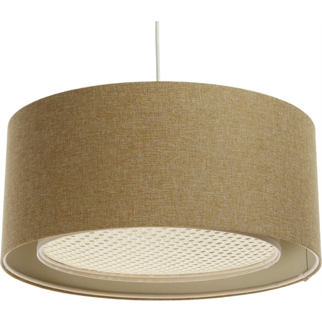 Suspension ronde en tissu avec diffuseur rotin Boho Elegant Couleur beige crème et rotin naturel <span itemprop=