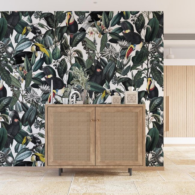 Papier peint avec plantes tropicales et toucans - 340x260 cm (l x h) Couleur multicolore <span itemprop=
