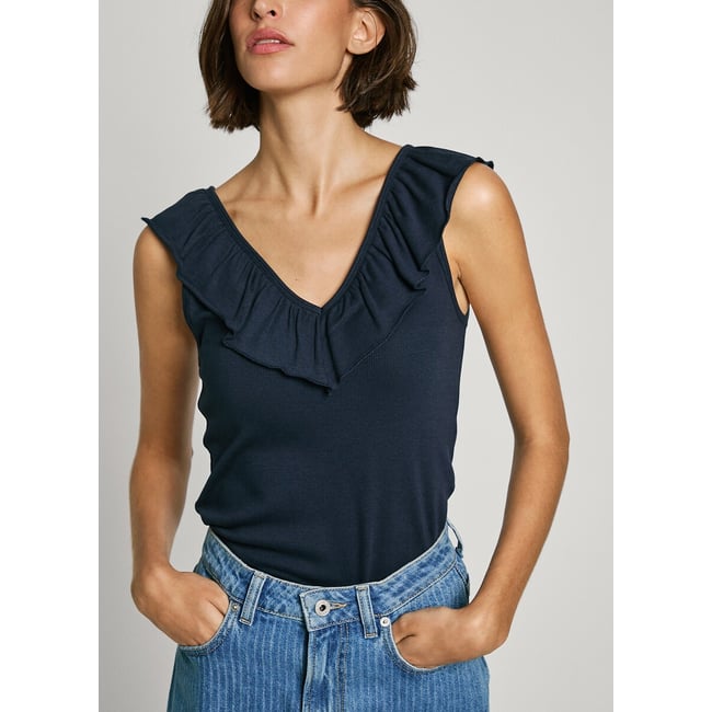 T-shirt canelado com decote em V e folhos - PEPE JEANS