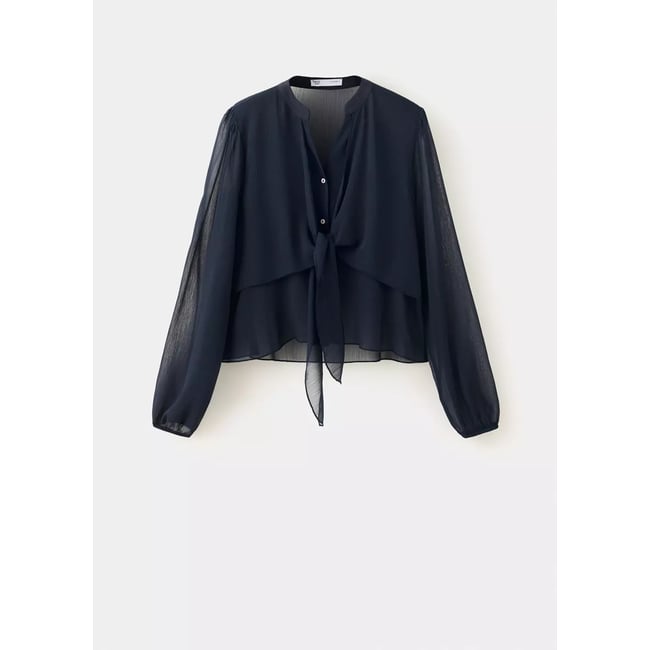 Blouse gaze volants bleu marine <span itemprop=