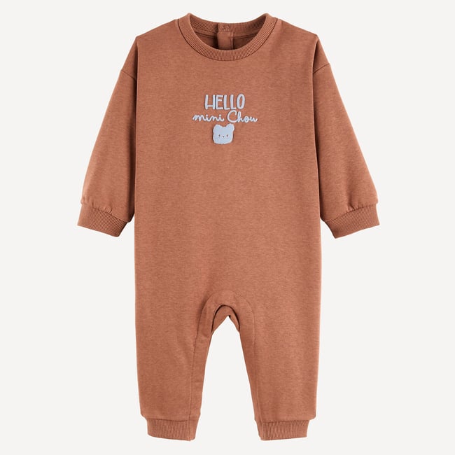 Combinaison longue en molleton, motif ourson devant chocolat <span itemprop=