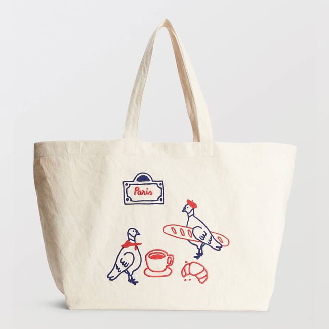 Cabas imprimé en coton recyclé ecru <span itemprop=