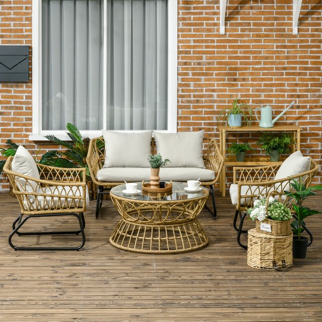 Salon de jardin 4 places 4 pièces avec coussins résine tressée beige <span itemprop=