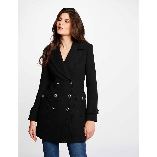 Manteau droit boutonné noir <span itemprop=