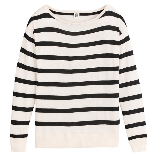 Jersey de rayas con cuello barco, fluido rayas marfil/negro <span itemprop=