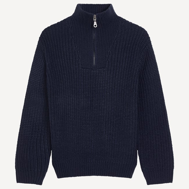 Pull col montant zippé en grosse maille marine <span itemprop=