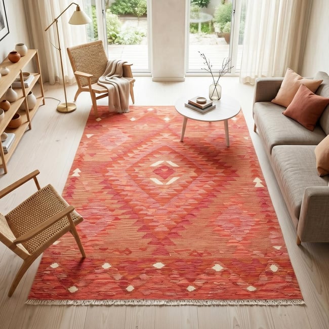 Tapis kilim géométrique, tissé plat en laine, KILIM 33 Couleur rouge, orange, rose <span itemprop=