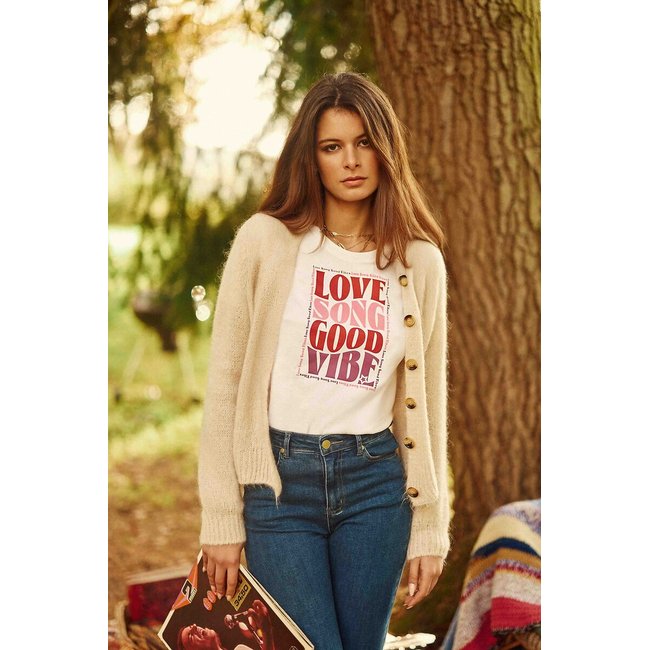 Gilet col V, grosse maille, MARA beige <span itemprop=