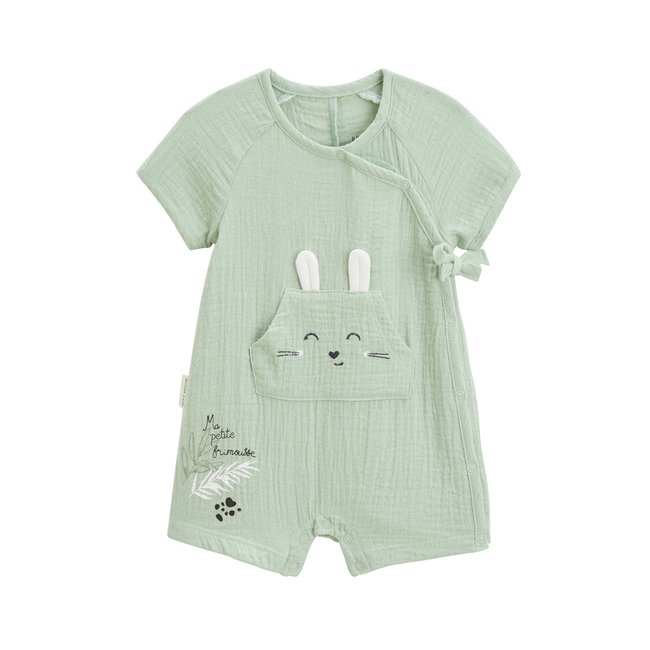 Barboteuse bébé en gaze de coton ouverture croisée Frimousse vert <span itemprop=