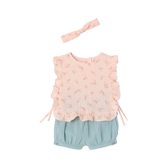 Ensemble : blouse + short + bandeau en gaze de coton rose pâle <span itemprop=