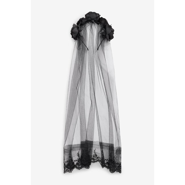 Serre-tête à voile et couronne de roses noir <span itemprop=