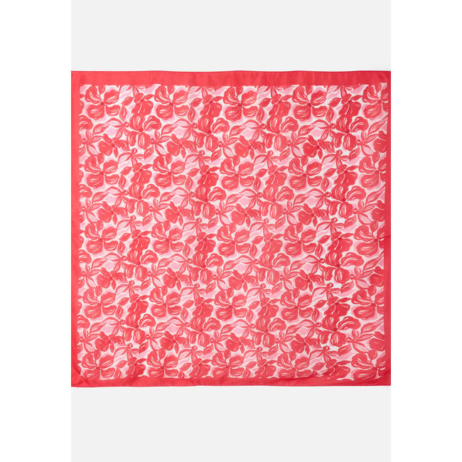 Foulard fleuri pure soie rouge grandes fleurs <span itemprop=