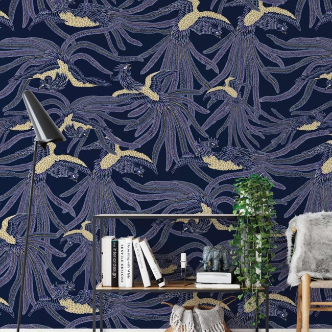 Papier peint avec Phénix mythique, Fond bleu - 85x260 cm (l x h) Couleur bleu <span itemprop=
