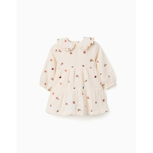 Robe en coton à manches longues avec broderie florale blanc <span itemprop=