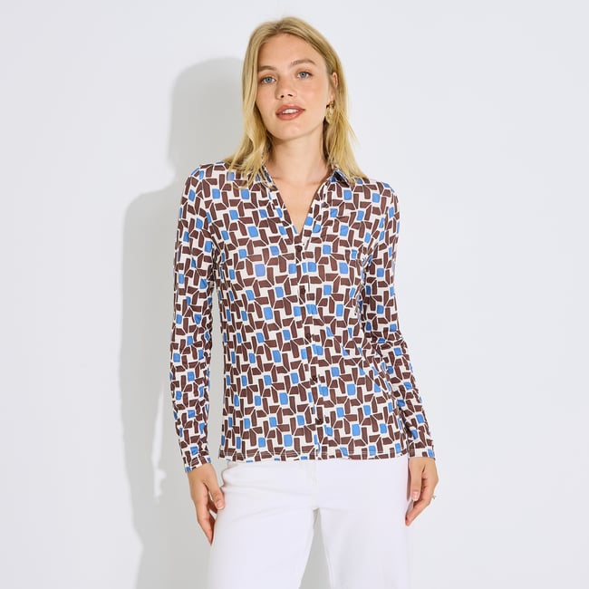 Chemise en maille fluide imprimée marron chocolat <span itemprop=