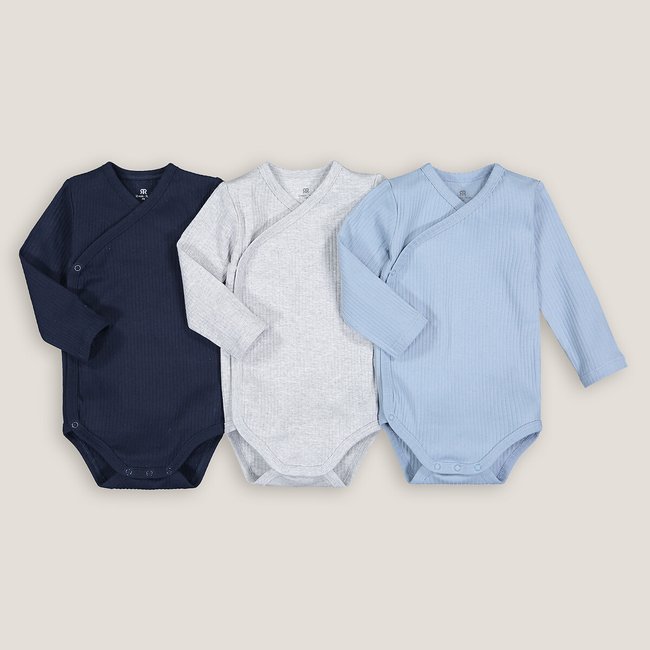 Lot de 3 bodies naissance en coton bio gris + bleu <span itemprop=